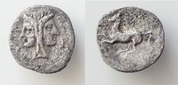 Ancient Coins - Syracuse. 2 litrae circa 344-317, AR ΣYPAKOΣ – IΩN Janiform female head; in r. field, dolphin. Rev. Horse prancing l.; above star. SNG Copenhagen 719. SNG ANS 517 Good very fine.