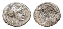 Ancient Coins - ROMAN REPUBLIC  AR 17mm  Brockage Denarius 2,80 gm ca. 150-100 B.C. Full obverse brockage. Helmeted head of Roma facing right; Reverse: Incuse of obverse