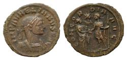 Ancient Coins - Aurelian. AD 270-275. Æ As (25mm, 6g, ). Rome mint, AD 275. Laureate and cuirassed bust right / Severina and Aurelian standing vis-à-vis, clasping hands, Sol