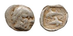 Ancient Coins - Islands off Thrace, Thasos AR 8mm 0,4 g Obol. Circa 400 BC. Head of satyr right / Dolphin swimming left above dolphin swimming right,  around; all within shallow incuse square.
