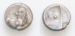 Ancient Coins - THRACE, Chersonesos. Circa 386-338 BC. AR Hemidrachm (12mm, 2.3g). Forepart of lion right, head left / Quadripartite incuse square with alternating raised and sunken quarters; K