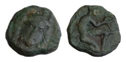 Ancient Coins - Sicily. Solus (Kefra) circa 400-300 BC. Bronze Æ 13mm., 2,00g. Helmeted head of Athena facing slightly right / KEFRA in Punic script, archer kneeling right, drawing bow.