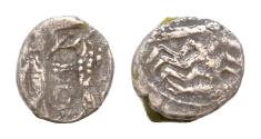 Ancient Coins - SAMARIA. Circa 375-333 BCE. AR 9mm Obol (0,7gm). Phoenician galley sailing left; 'B' above / Persian king slaying lion; variant ankh symbol between.
