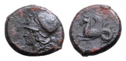 Ancient Coins - SICILY, Syracuse. Dionysios I. 405-367 BC. Æ Litra 18mm, 5.5 g, Head of Athena left, wearing Corinthian helmet with neck guard and plain bowl / Hippocamp left