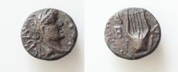 Ancient Coins - TROAS. Abydus. Tiberius (14-37). Ae. Obv: CЄBAC. Laureate head right. Rev: A / B - Y / Δ / Η. Lyre. RPC I 2289. Extremely rare, Condition:  Very