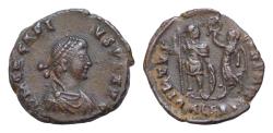 Ancient Coins - Arcadius AD 383-408. Alexandria Follis Æ 16,5 mm, 2,7 g D N ARCADIVS P F AVG, pearl-diademed, draped and cuirassed bust right / VIRTVS EXERCITI, Emperor standing left
