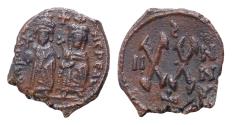 Ancient Coins - Phocas, with Leontia (602-610) Æ Half Follis  22mm, 4,7g) Theoupolis (Antioch) Dated RY 5 (607/8). Phocas, holding globus cruciger, and Leontia, holding cruciform scepter,