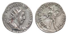 Ancient Coins - Trebonianus Gallus. AD 251-253. AR Antoninianus (20mm, 3,3g,). Antioch mint. Radiate, draped, cuirassed bust right / MARTEM PROGNATOREM ( sic ),, Mars advancing right