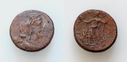 Ancient Coins - Sicily, Hybla Megala Æ 20mm. 7,2g. 210-150 BC. Veiled and draped bust of Artemis-Hyblaia to right, wearing polos bee to left / Dionysos standing to left holding kantharos , panther