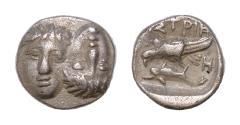 Ancient Coins - Moesia, Istros, 4th century BC. AR Obol (8mm, 0.52g). Facing male heads, the r. inverted. R/ Sea-eagle l., grasping dolphin with talons.