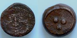 Ancient Coins - Sicily, Himera, c. 425-409 BC. Æ Tetras or Trionkion 19mm, 11g   Gorgoneion. R/ Three pellets.