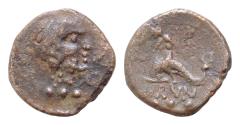 Ancient Coins - Calabria, Brundisium. c. 215 B.C. AE quadrans 17mm, 4,6gLaureate head of Poseidon right, crowned by Nike flying  trident behind; three pellets / BRVN, Phalanthos, riding dolphin