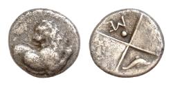 Ancient Coins - THRACE. Chersonesos. (Circa 386-338 BC). AR 12mmm 2g Hemidrachm  Forepart of lion right, head left  Quadripartite incuse square, with alternating raised and sunken quarters; pellet