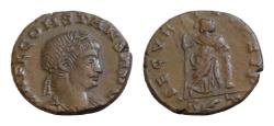 Ancient Coins - Constans, as Caesar AD 333-337. Rome Follis Æ 14 mm, 1,86 g FL CONSTANS NOB CAES, laureate, draped and cuirassed bust right / SECVRITAS REIPVB //R(leaf)T
