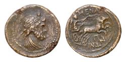 Ancient Coins - Sicily, Menaion, c. 200-150 BC. Æ Pentonkion (18mm, 3,3g, ). Laureate and draped bust of Serapis r., wearing atef crown. R/ Nike driving biga r.; Π below.