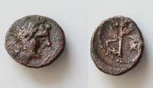 Ancient Coins - Sicily, Kentoripai, c. 200-150 BC; AE 11mm 0,95gr, Laureate head of Apollo r., Rv. KE-NTO, branch.  Extremely Rare, very fine.