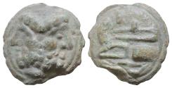 Ancient Coins - Anonymous, Rome, 215-212 BC. Cast Æ As (41mm, 81.57g, ). Post Semi-Libral standard. Laureate head of bearded Janus on a raised disk. R/ Prow of galley l.
