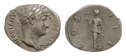 Ancient Coins - Hadrian (AD 117-138). AR denarius 18mm, 3.6gm, Rome, ca. AD 124-125. HADRIANVS-AVGVSTVS, laureate bust of Hadrian right, drapery visible on far shoulder / COS-III, Spes advancing l