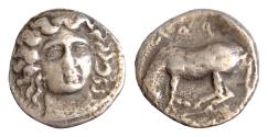Ancient Coins - Thessaly. Larissa circa 380 BC-AD 365. Drachm AR 19 mm, 5,23g Head of the nymph Larissa facing slightly right, hair in ampyx / Mare standing left with foal right in background.