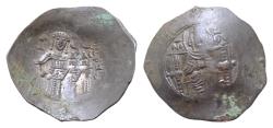 Ancient Coins - Isaac II Angelus. First reign, 1185-1195. BI Silvered Aspron Trachy 30mm, 4,1g, Constantinople mint. The Theotokos enthroned facing, holding head of Holy Infant on lap / Isaac