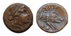 Ancient Coins - LUCANIA, Paestum (Poseidonia). Early 1st century BC. Æ Sextans 16mm, 3.7g. Wreathed head of Demeter right; [two pellets (mark of value) behind neck] / Forepart of boar right