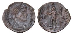 Ancient Coins - VETRANIO, 350 AD. Usurper  Silvered Æ24mm  Centenionalis (5.7 gm) of Thessalonika. Diademed cuirassed bust / Emperor standing with two standards. RIC.131(R2). XF, Extremely Fine  R