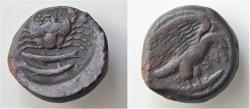 Ancient Coins - SICILY. Akragas. c.420-410 BC. Hexas AE Eagle right, clutching fish in its talons. Rev. Α-[Κ]-Ρ-Α-Γ Crab; to left and left, pellet; below, two fish swimming in opposite direction
