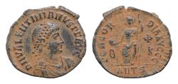 Ancient Coins - Valentinian II Æ18,5mm 2,3g  Antioch, AD 375-392. D N VALENTINIANVS P F AVG, pearl-diademed, draped and cuirassed bust right / CONCORDIA AVGGG, Roma, helmeted, seated on throne,