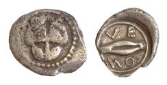 Ancient Coins - Sicily, Leontinoi, c. 476-466 BC. AR Litra (11mm, 0.64g). Facing lion's scalp. R/ Barley grain. SNG ANS 213-6; HGC 2, 687. VF