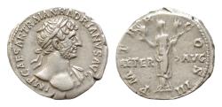 Ancient Coins - Hadrian. AD 117-138. AR 18mm 3,5g Denarius  Struck circa AD 119-125. Laureate bust right, slight drapery on far shoulder / Aeternitas standing, holding heads of Sol and Luna