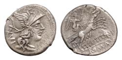 Ancient Coins - C. Titinius. 141 BC. AR Denarius (17.5mm, 3,61 g). Rome mint. Helmeted head of Roma right; XVI (mark of value) to left / Victory holding whip and reins driving galloping biga right