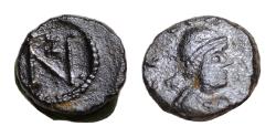 Ancient Coins - Zeno . Second reign, AD 476-491. Thessalonica or Nicomedia Nummus Æ 8mm., 0,74g. Diademed, draped and cuirassed bust of Zeno right / Monogram of Zeno.