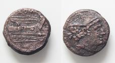 Ancient Coins - Anonymous, circa 217-215 BC. Semuncia (Bronze, 20 mm, 6.34 g, 8 h), Rome. Head of Mercury to right, wearing winged petasos. Rev. ROMA Prow to right
