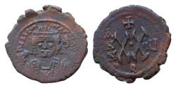 Ancient Coins - Maurice Tiberius Æ 22mm 5,1g 20 Nummi. Theoupolis (Antioch), dated RY 9 = AD 590/1. D m TIb COTANT P P I, crowned bust facing, wearing consular robes, holding mappa and eagle-
