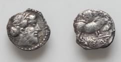 Ancient Coins - SICILY. Abacaenum. Ca. 450-400 BC. AR litra 11mm, 0.56 gm). Laureate, bearded male head (Zeus?) right / Wild boar standing right, acorn