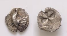 Ancient Coins - SICILY, Himera. Circa 530-483/2 BC. AR Litra (11mm, 0.7 g). Cock standing left / Mill-sail incuse