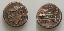 Ancient Coins - Anonymous. c. 217-215 BC. Æ Semuncia 18mm, 5,6g, . Semilibral prow series. Rome mint. Draped bust of Mercury right, wearing winged petasus / Prow of galley right