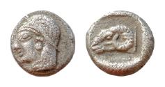 Ancient Coins - TROAS, Kebren. 5th century BC. AR Diobol (9mm, 1.14 g,). Archaic head of female left / Head of ram left within incuse square.