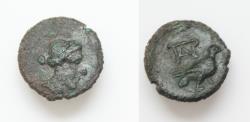 Ancient Coins - SICILY, Panormos. c. 208-180 BC. Æ (12mm,1,3g,). Head of Aphrodite right, wearing stephanos / Dove standing right; monogram above. BAR Issue 15