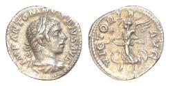 Ancient Coins - Elagabal (218-222) AR Denarius (Silver, 2.8g, 18,5mm) Rome IMP ANTONINVS AVG, draped, cuirassed and laureate head right  VICTORIA AVG, Victory