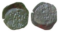 Ancient Coins - John V Palaeologus. 1341-1391. Æ Assarion (18mm, 0,8g,). Thessalonica mint. Struck 1365-1369. John standing facing, holding cross in circle on long shaft and city model