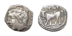 Ancient Coins - SICILY, Panormos. Punic Occupation. c.425-300 BC. AR 9mm Litra 0.62 gm, Male head left;/ Man-headed bull standing left.