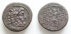 Ancient Coins - Seleukis and Pieria, Antioch, c. 38-35 BC. Æ Tetrachalkon (24mm, 13,2g,), uncertain year. Laureate head of Zeus r. R/ Zeus Nikephoros seated l