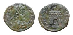 Ancient Coins - Magnus Maximus. A.D. 383-388. Æ 13mm, 1,6 g, Aquileia, A.D. 387-388. DN MAGNVS MAXIMVS P F AVG, pearl-diademed, draped and cuirassed bust right / SPES ROMANORVM, campgate