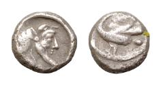 Ancient Coins - CILICIA, Mallos. Circa 440-390 BC. AR Obol 8mm, 0.6g,  Swan  Head of man-headed bull right