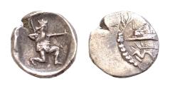 Ancient Coins - Samaria uncertain mint AR 7mm 0,24g Hemiobol c.375-333 BC Galley to left, waves below uncertain letter above  Persian king, holding spear and bow, in kneeling running stance to rig