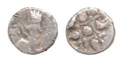 Ancient Coins - CARIA, Achaemenid Period Early-mid 4th cenutry BC AR obol !!!!! 8mm 0.41g Uncertain Unpublished Mylasa mint(?). Buste of the Persian Great King / Stellate pattern of Milesian style