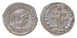 Ancient Coins - Constantinus I. Follis. 306-336 AD. Lugdunum. (Ric-VI 309).  IMP CONSTANTINVS AVG, laureate and cuirassed bust right.  SOLI INVICTO COMITI, Sol standing left, holding globe