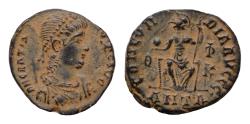 Ancient Coins - Gratian Æ 16mm  Follis 2,1g Antioch, AD 378-383. D N GRATIANVS P F AVG, pearl-diademed, draped and cuirassed bust right / CONCORDIA AVGGG, Roma seated facing,