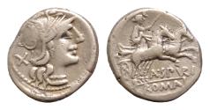 Ancient Coins - A. Spurilius. 139 BC. AR Denarius (18.5mm, 3,75g). Rome mint. Helmeted head of Roma right; X (mark of value) to left / Diana driving biga right.